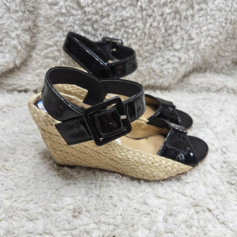 Diane von Furstenberg Black Patent Leather Espadrille Wedge Sandals sz 6.5
